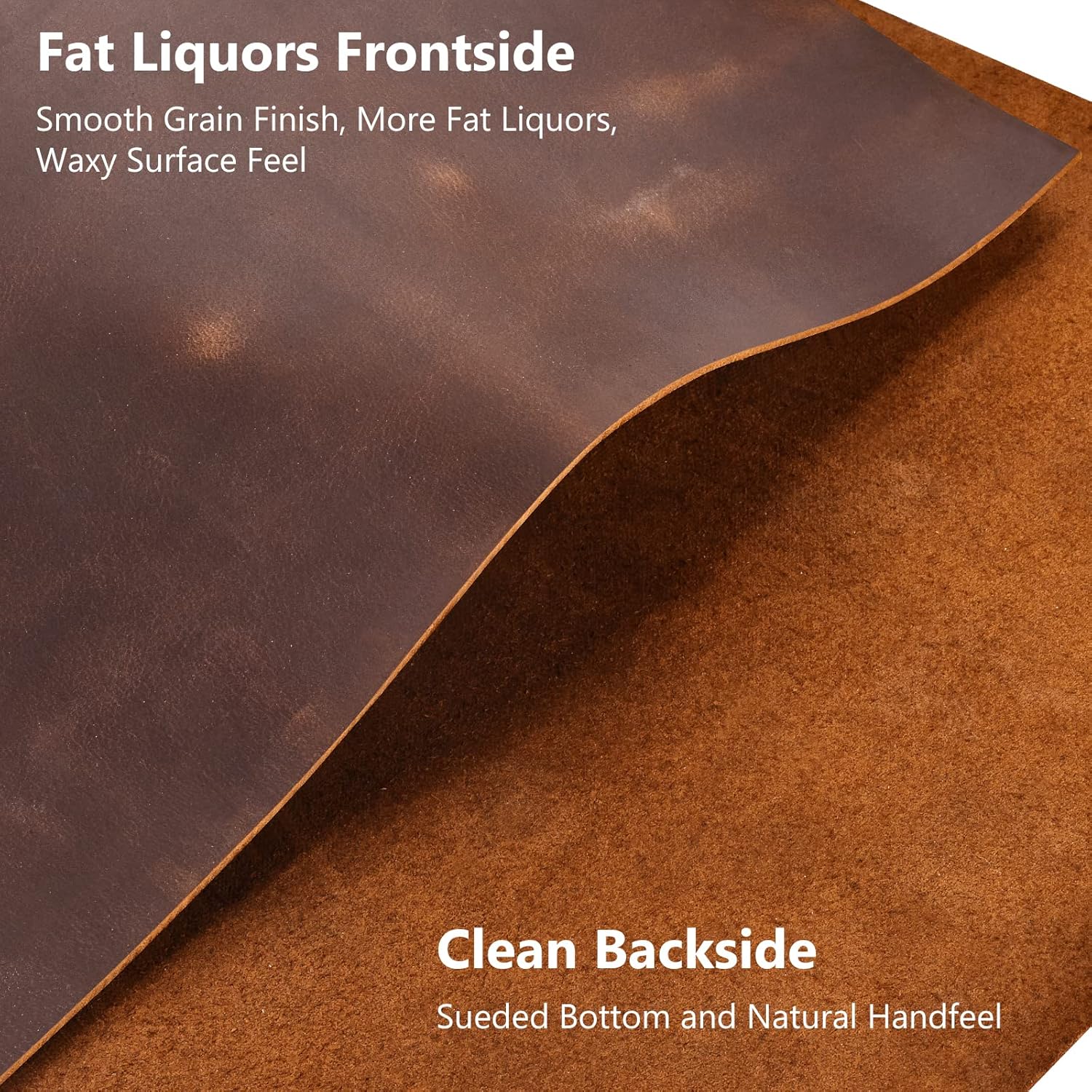 Brown leather sample with text describing front and back finishes