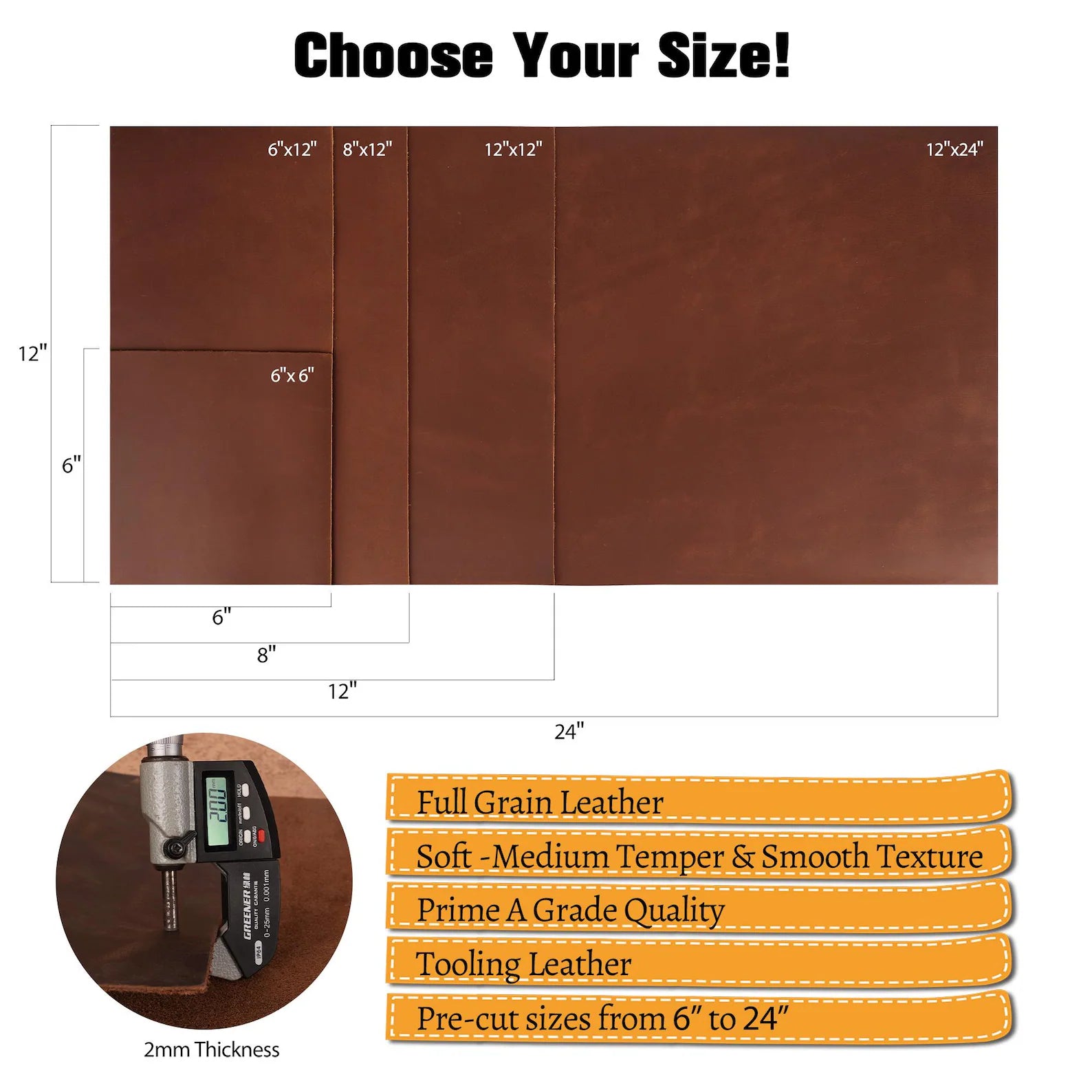 Brown leather sheets with dimensions and quality details on a white background
