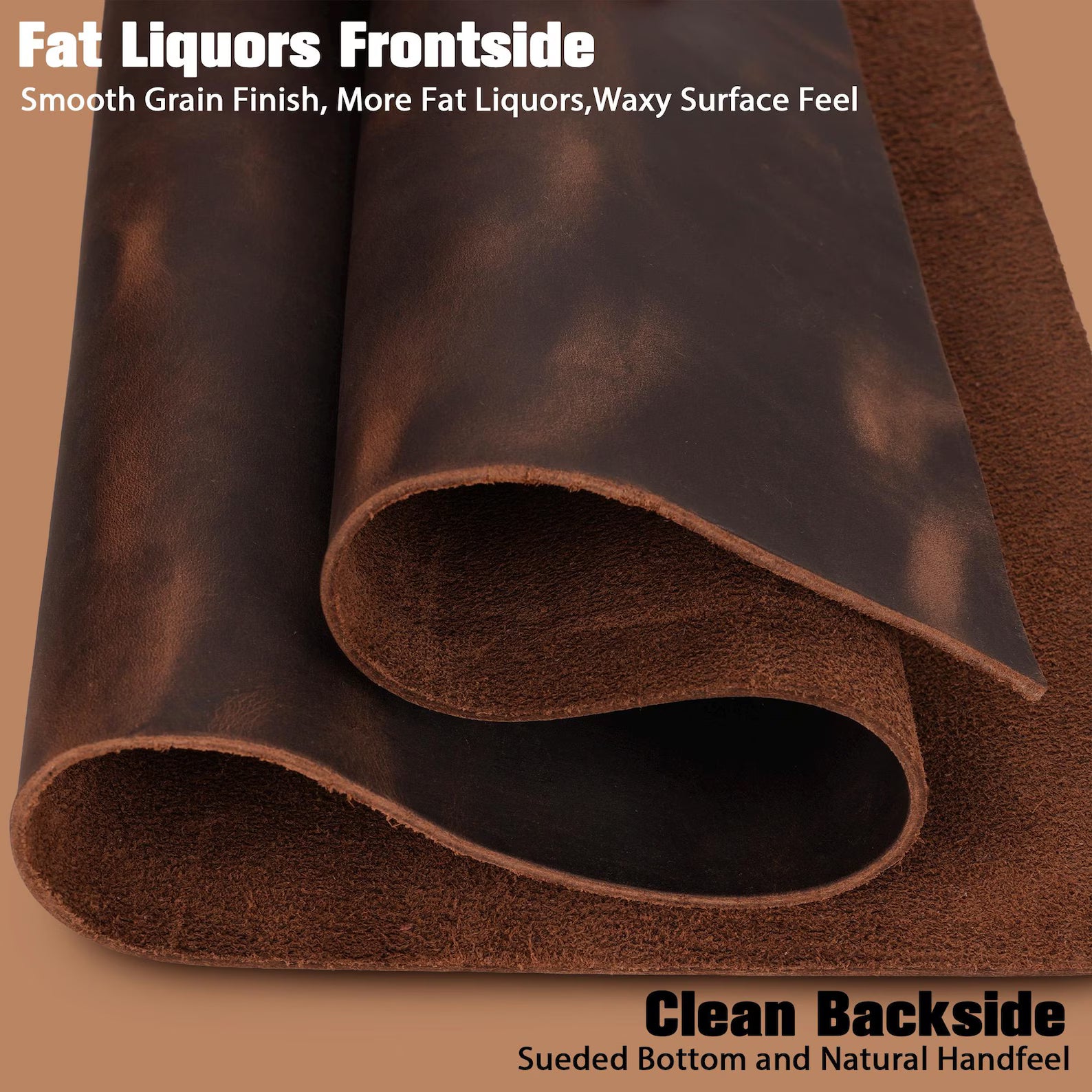 Brown leather with smooth grain finish and waxy surface feel on frontside, sueded bottom and natural handfeel on backside.