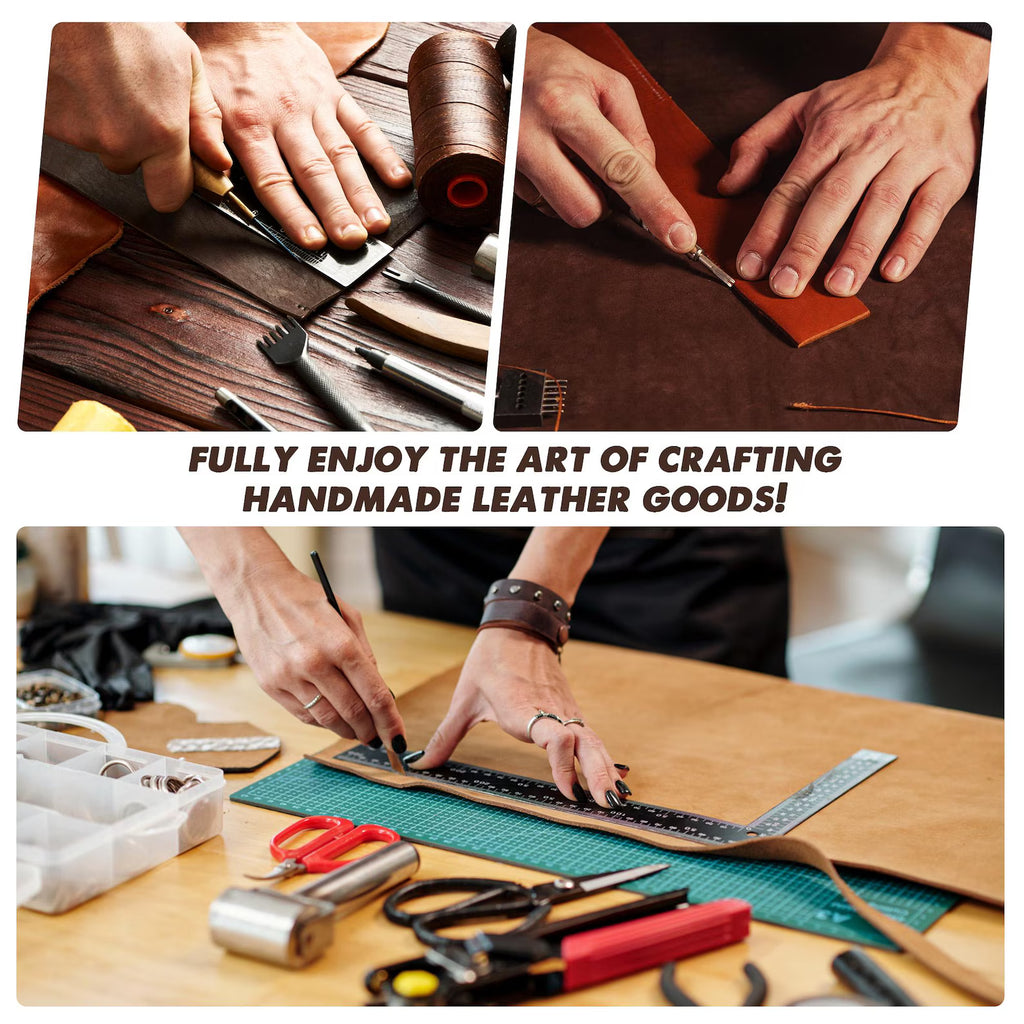 Collage of hands working with leather and tools on a wooden surface, with text promoting the art of crafting handmade leather goods.