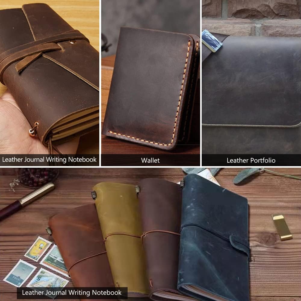 Collage of leather products including a journal, wallet, and portfolio on wooden surfaces.