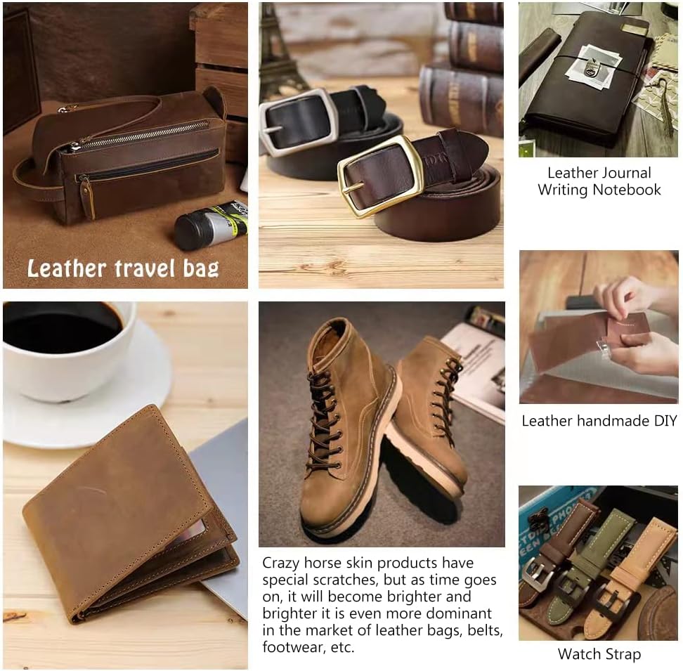 Collage of leather products including a travel bag, belts, a notebook, boots, a wallet, and watch strap.