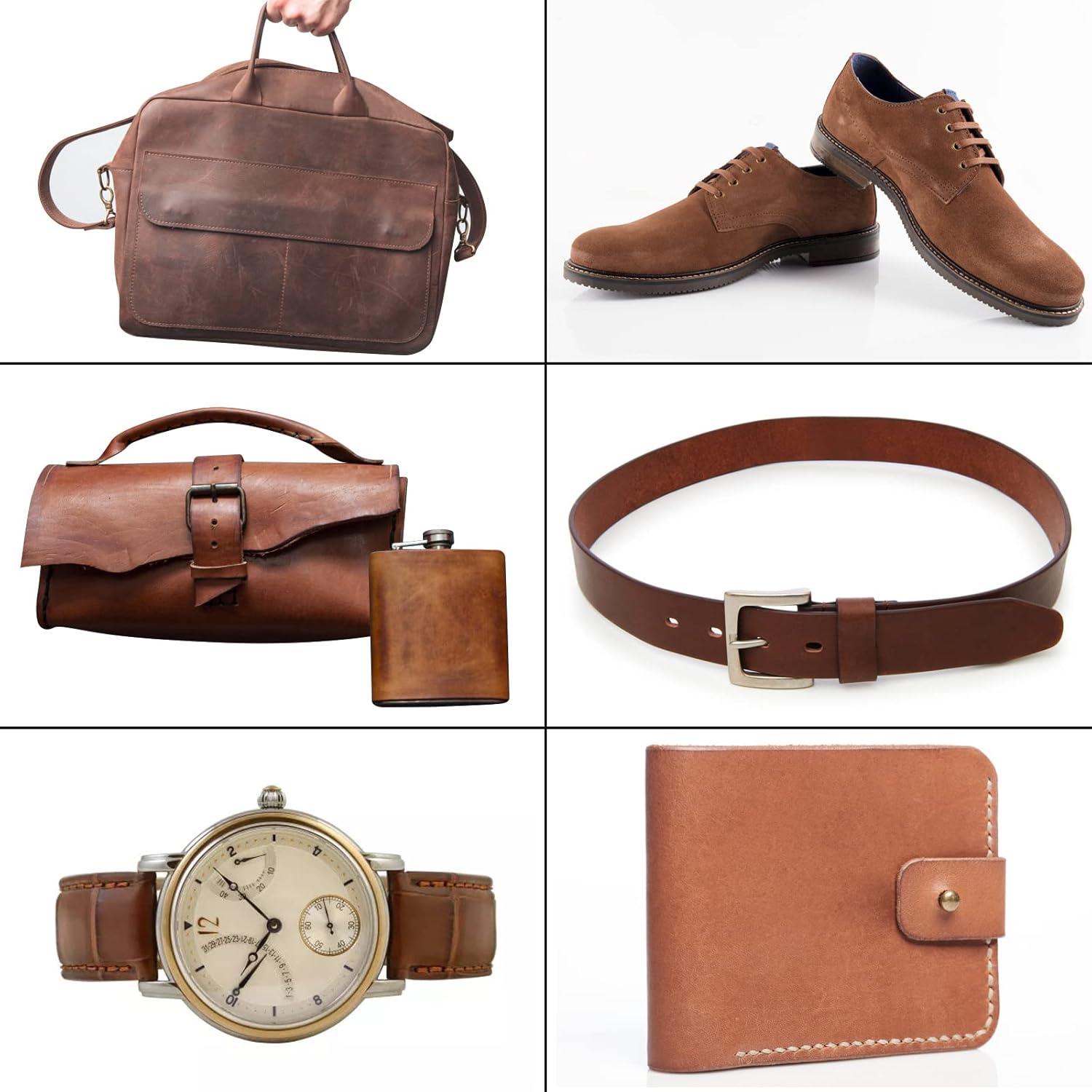 Collage of various brown leather items including a bag, shoes, belt, watch, and wallet on a white background.