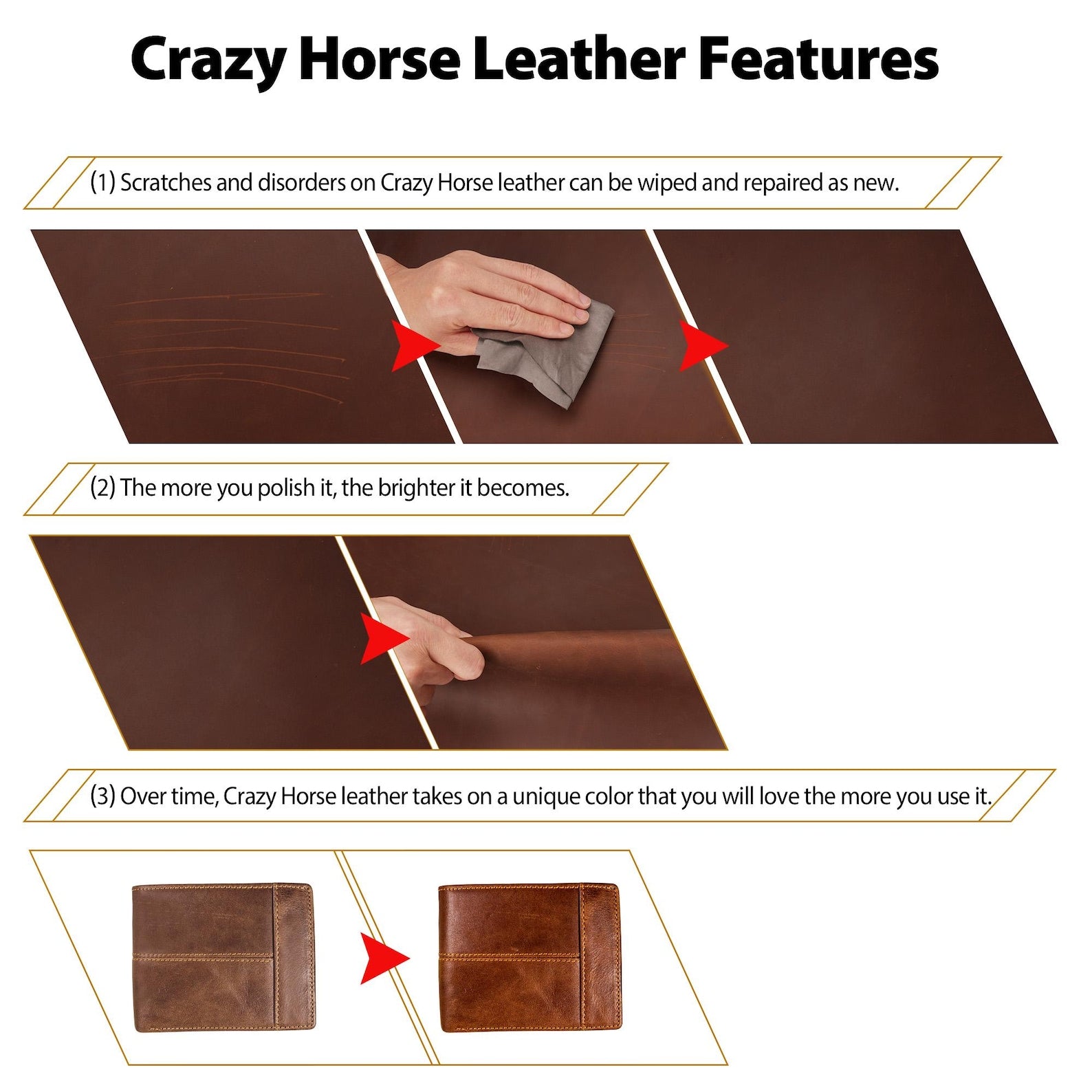 Crazy Horse leather features with a hand cleaning and polishing the leather, showing its durability and unique color over time.