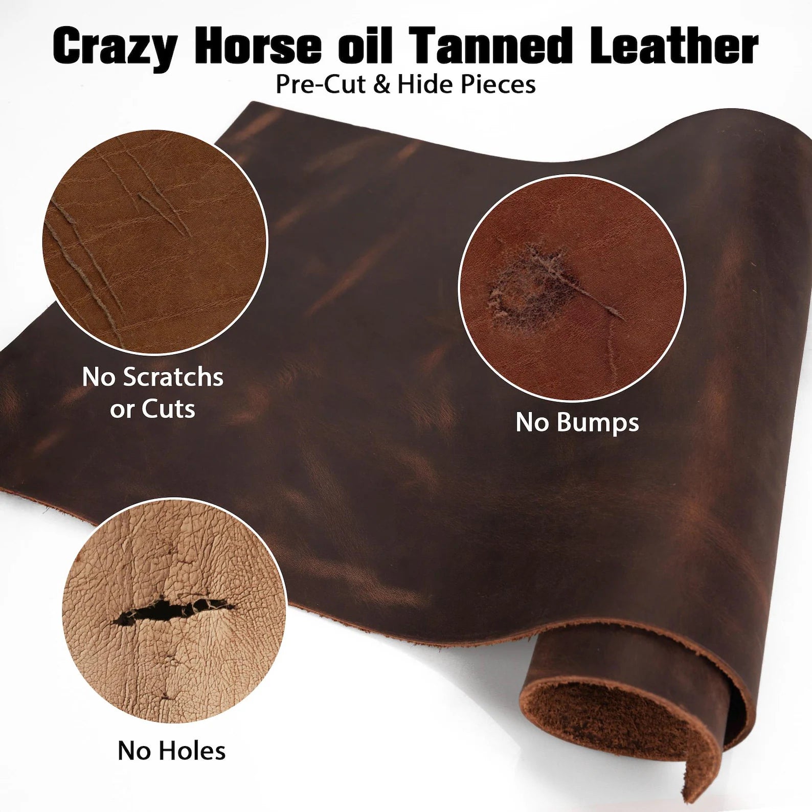 Crazy Horse oil tanned leather with close-up details on a white background