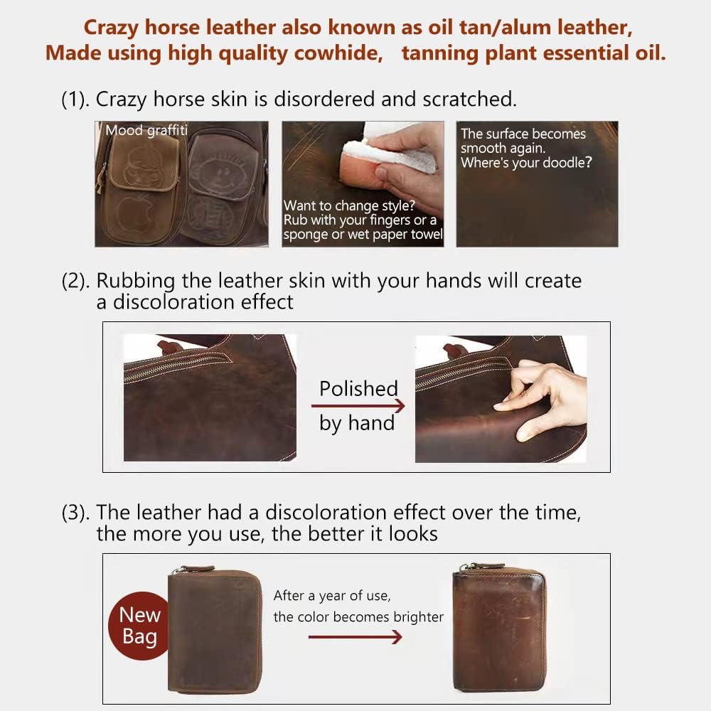 Explanation of crazy horse leather with images and text on a white background