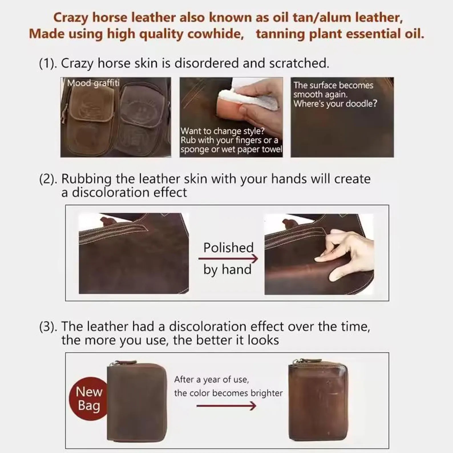Explanation of crazy horse leather with images and text on a white background