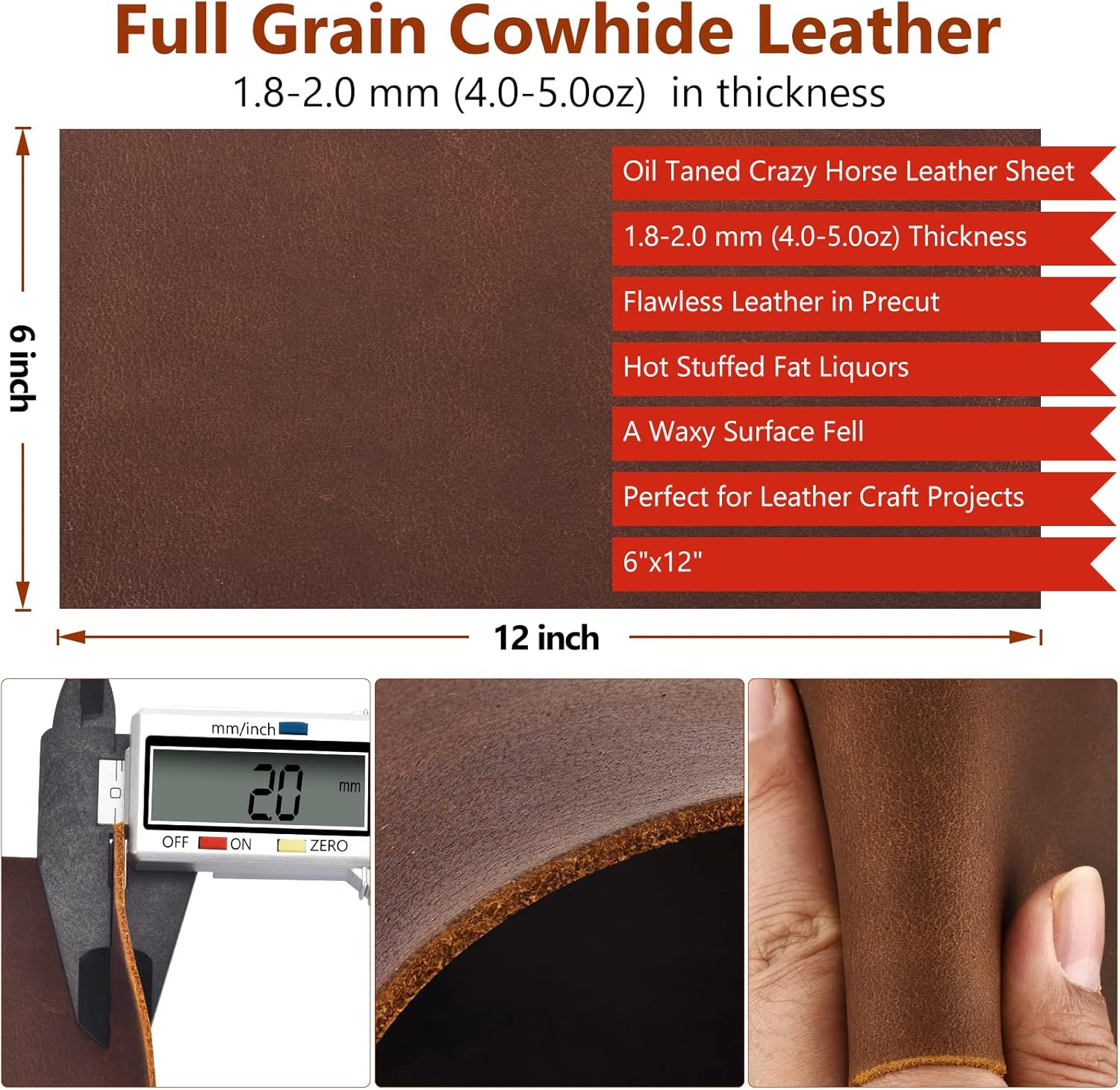 Full grain cowhide leather sheet with dimensions, thickness, and uses listed.