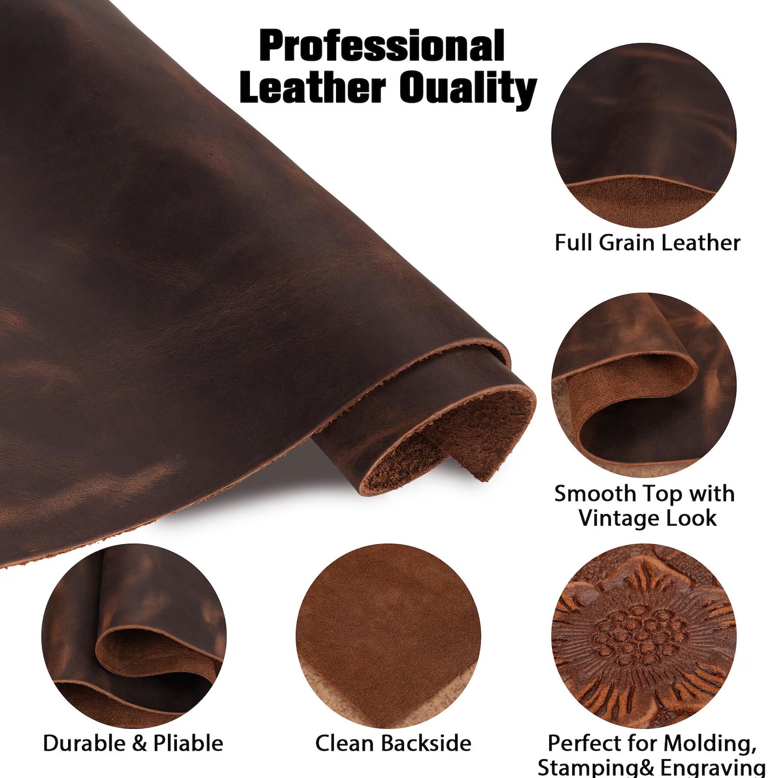 Professional leather quality display with full grain, smooth top, durable, and molding features.