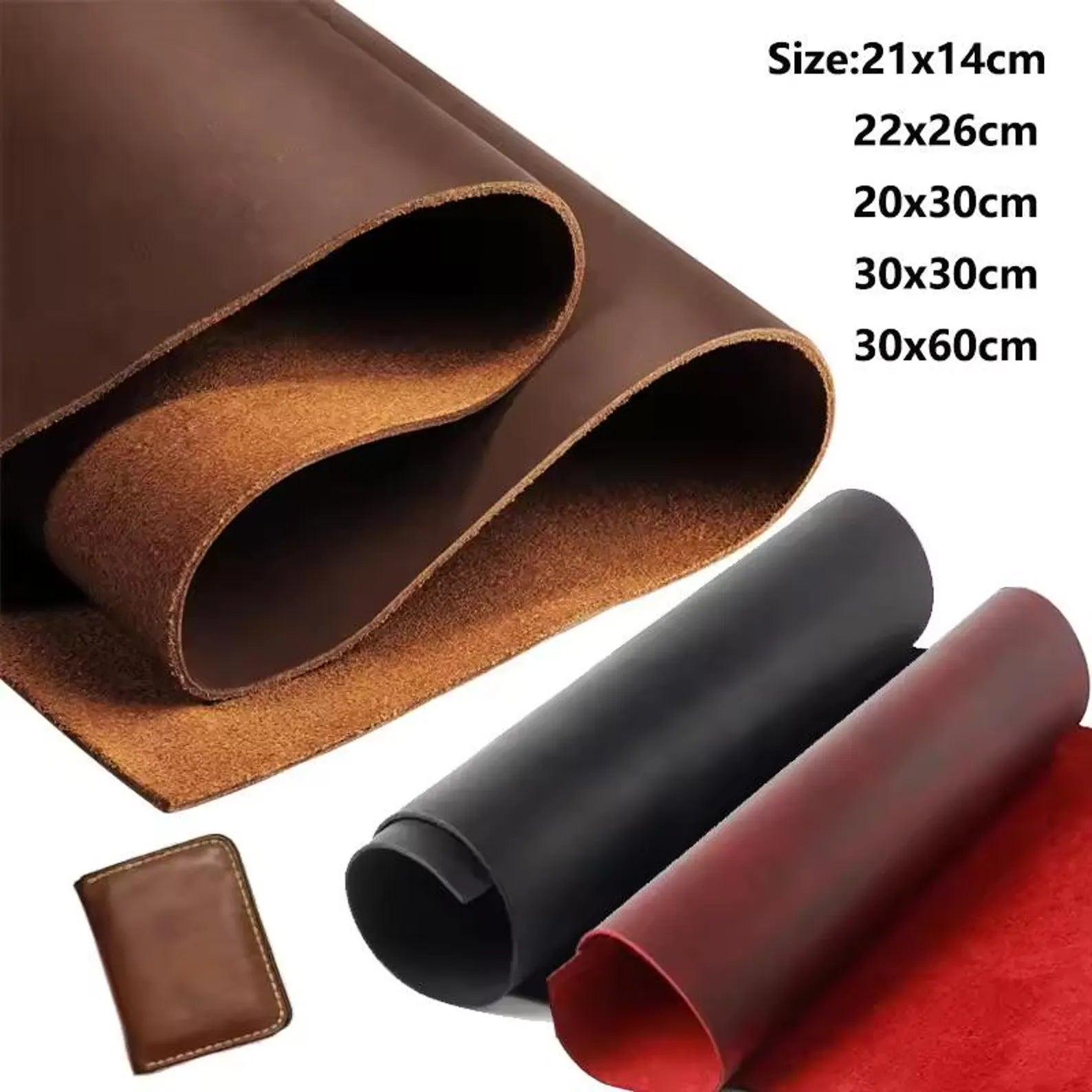 Rolls of brown, black, and red leather with size specifications on a white background