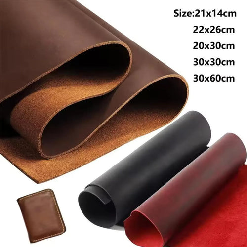 Rolls of brown, black, and red leather with size specifications on a white background