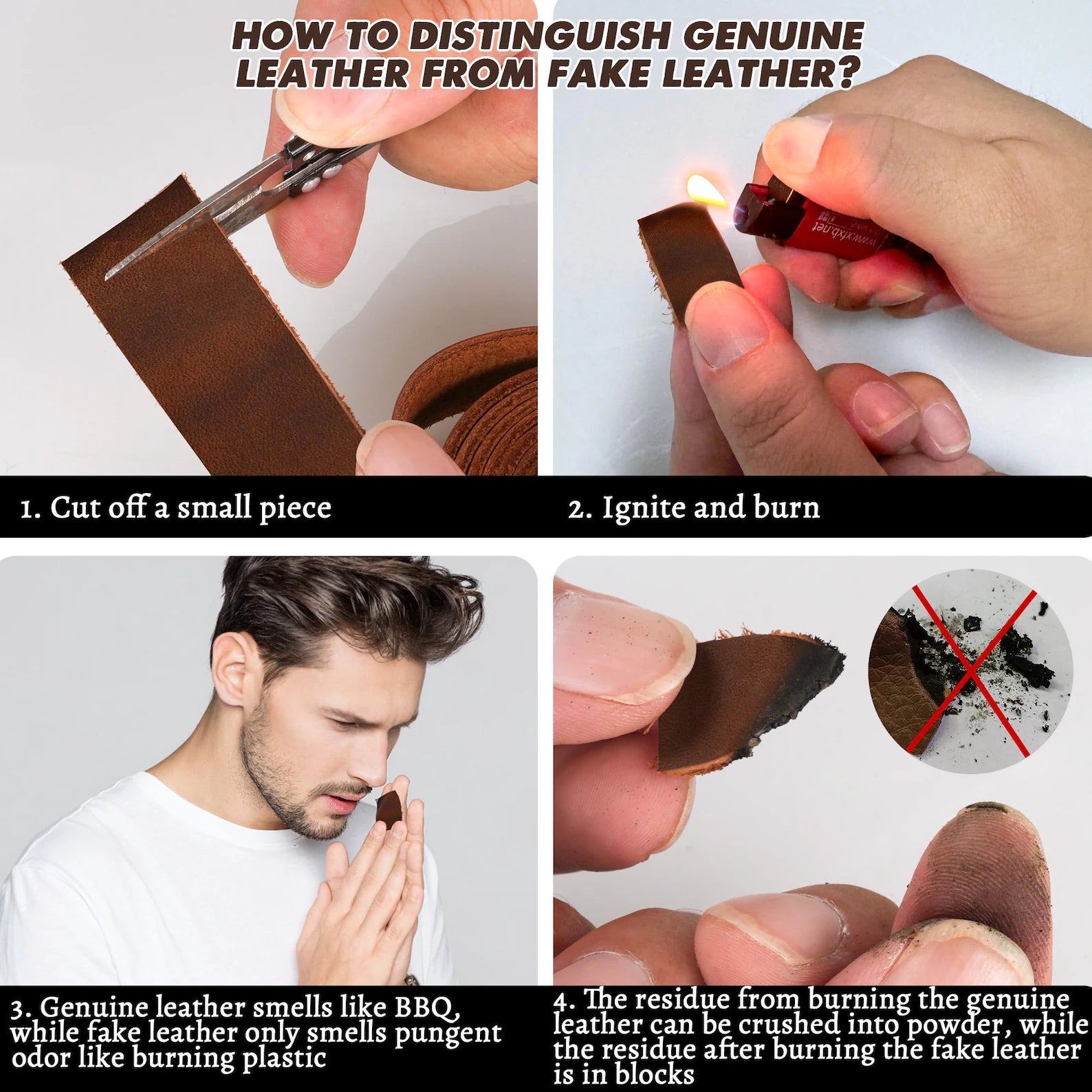 Steps to distinguish genuine leather from fake leather using a knife, flame, and examination.